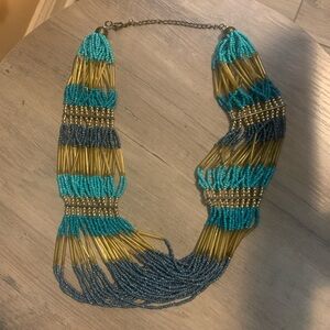 Beaded Multi-Strand Turquoise & Gold Statement Necklace